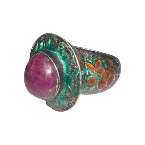 Antique Ruby Goddess Statement Ring Poured Glass Floral Band & Natural Glass - Picture 1 of 16